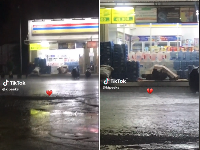 viral dua orang tidur di depan minimarket saat hujan deras hanya beralaskan kardus