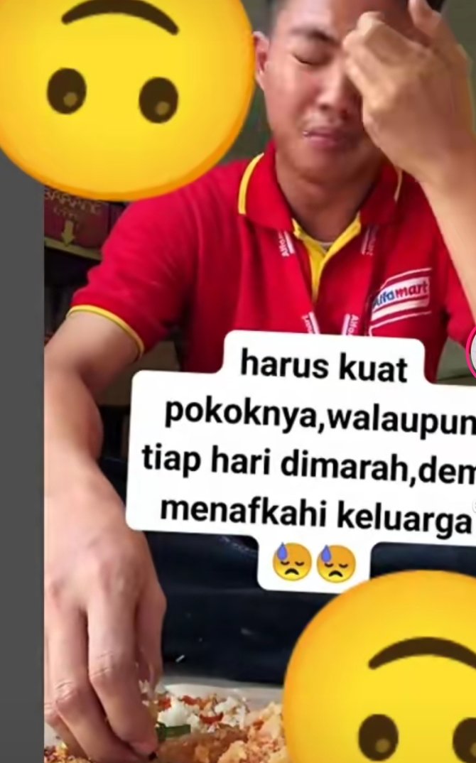 viral video pria pegawai minimarket menangis saat makan bikin haru