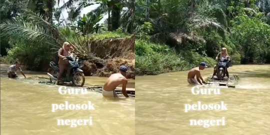 Perjuangan Guru di Pelosok, Bertaruh Nyawa Naik Motor di Atas Sampan