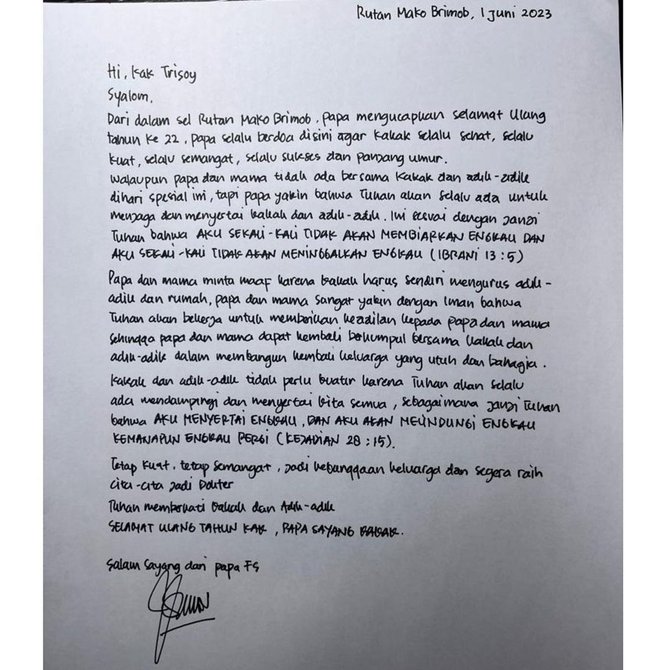 ferdy sambo kirim bunga surat buat anaknya yang ultah ke 22