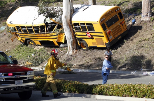 Bus sekolah tabrak pohon, tiga orang kritis