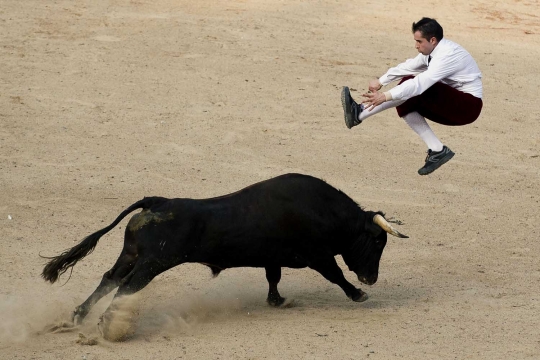 Aksi memukau para matador lompati banteng ganas di Recortadores