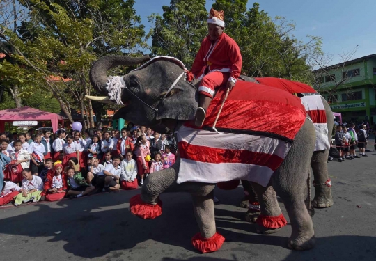 Aksi lucu gajah Sinterklas hibur anak-anak di Thailand