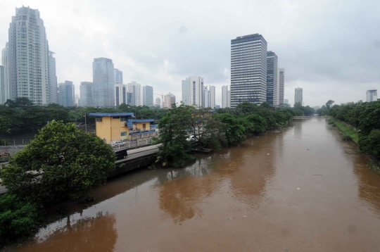 Memantau permukaan air Sungai Ciliwung yang terus meningkat