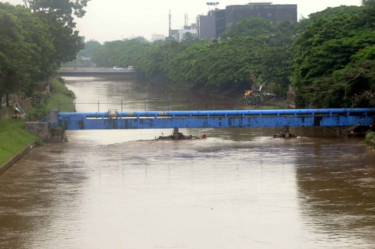 Memantau permukaan air Sungai Ciliwung yang terus meningkat