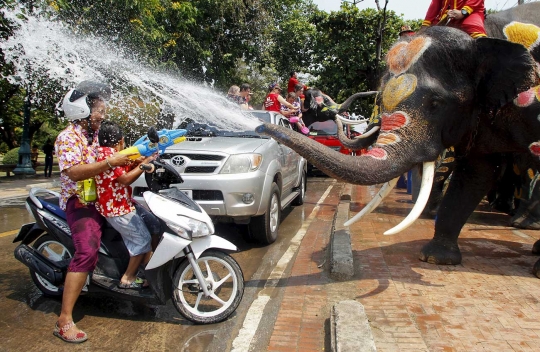 Kemeriahan festival perang air dengan gajah di Thailand