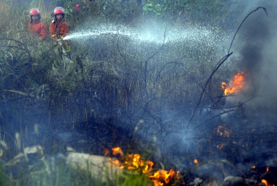 Warga dan petugas bahu-membahu padamkan kebakaran lahan di Tangsel