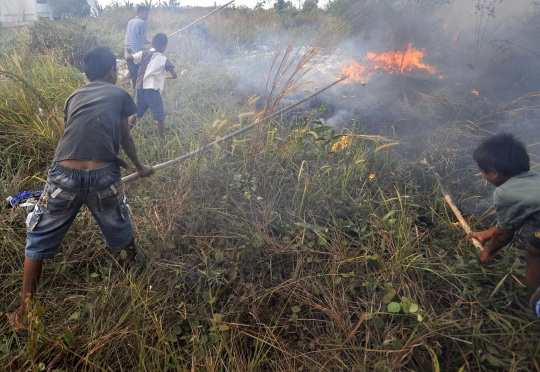 Warga dan petugas bahu-membahu padamkan kebakaran lahan di Tangsel