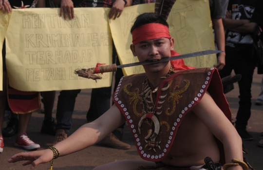 Demo setahun Jokowi-JK, mahasiswa gelar teatrikal tarian Dayak