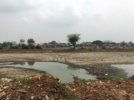 Kondisi Waduk Ria Rio yang kering kerontang akibat kemarau panjang