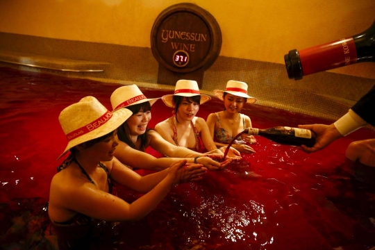 Intip keceriaan wanita Jepang berendam di kolam wine