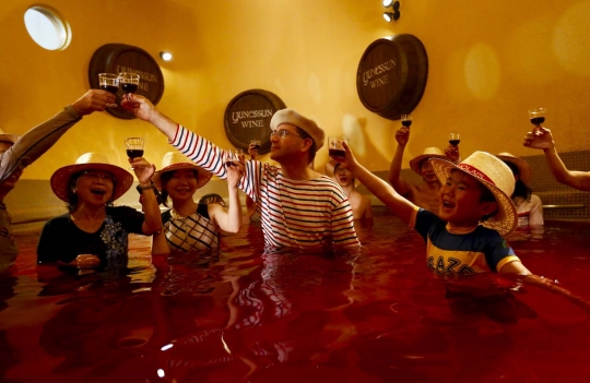 Intip keceriaan wanita Jepang berendam di kolam wine