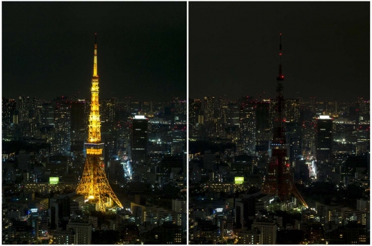 Pemandangan kota-kota di dunia sebelum dan selama Earth Hour