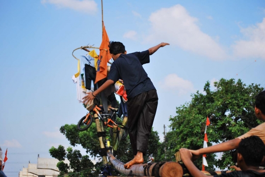 Keseruan lomba panjat pinang di atas aliran Kalimalang