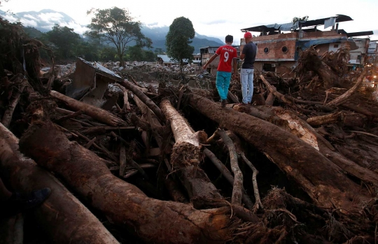 Batang pepohonan bergelimpangan usai banjir bandang menyapu Kolombia