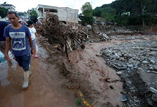 Batang pepohonan bergelimpangan usai banjir bandang menyapu Kolombia