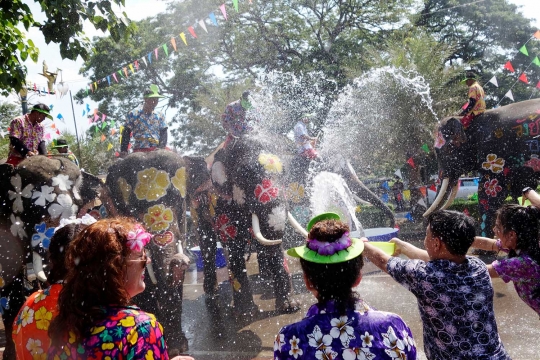 Perang air gajah dan manusia di Festival Songkran