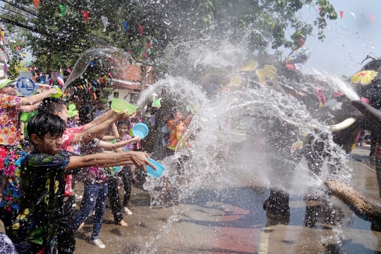 Perang air gajah dan manusia di Festival Songkran