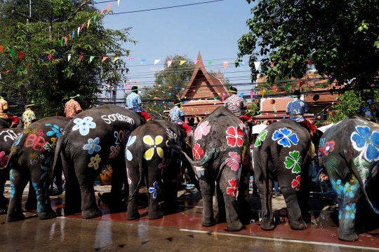 Perang air gajah dan manusia di Festival Songkran