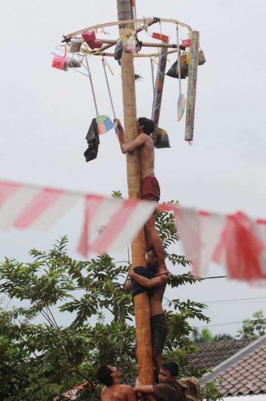 Perjuangan warga Pamulang ikuti lomba panjat pinang di HUT RI ke-73