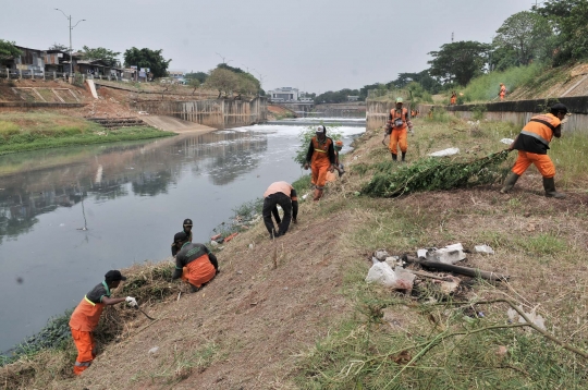 Membersihkan Kanal Banjir Timur dari sampah dan tanaman liar