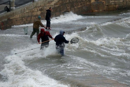 Aksi Para Pria Menangkap Ikan Saat Badai