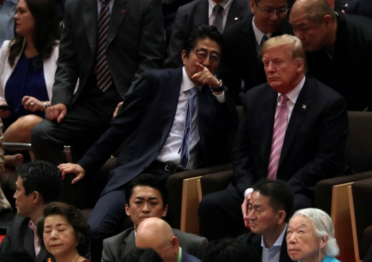 Reaksi Donald Trump Saat Tonton Turnamen Sumo Bareng PM Jepang