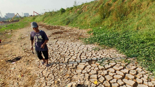 Musim Kemarau, Tanah Retak Terlihat di Bantaran Kanal Barat