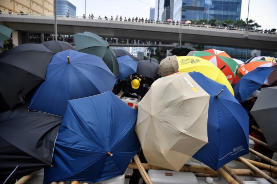 Demonstran Hong Kong Gunakan Bambu untuk Blokade Jalan