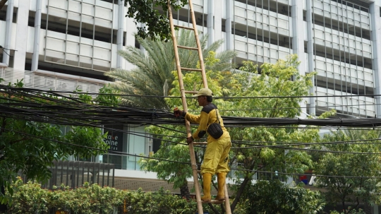 Petugas Bina Marga Tertibkan Kabel Optik Semrawut di Kemang