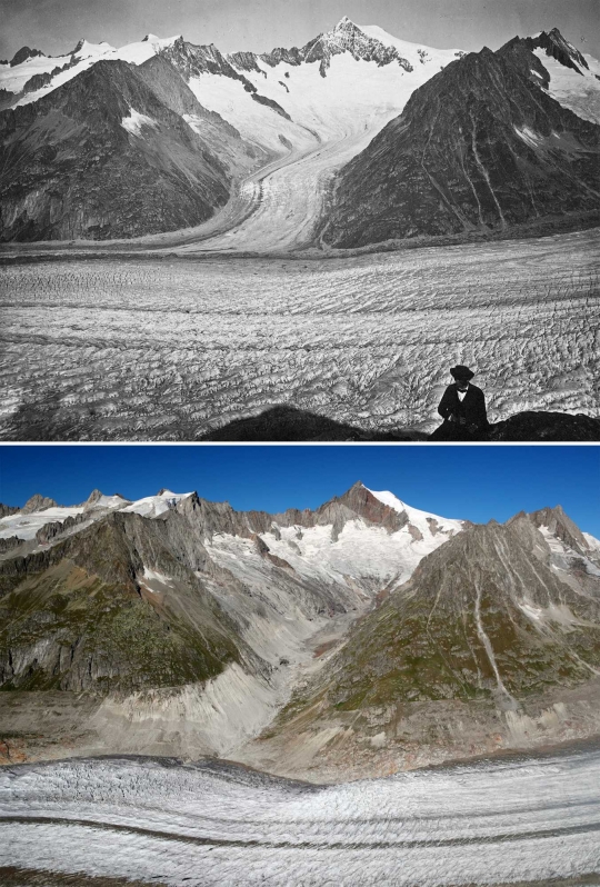 Penampakan Kontras Kondisi Gletser di Swiss