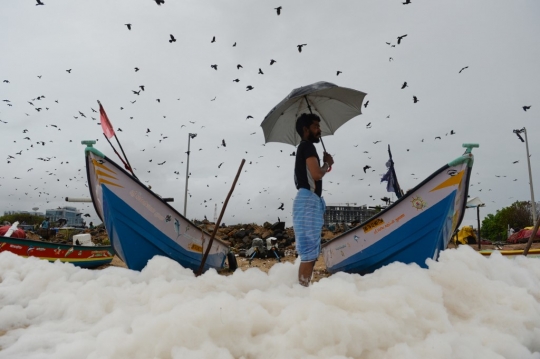 Hamparan Busa Selimuti Pantai di India