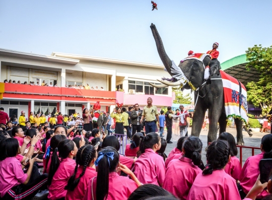 Aksi Gajah Sinterklas Hibur Anak-Anak Thailand