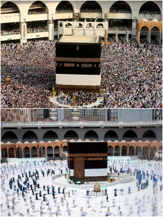 Jemaah Haji Tawaf Keliling Kabah dengan Jaga Jarak