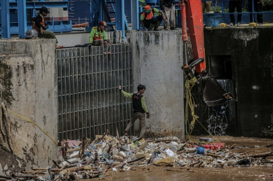 Sampah Kayu Kiriman Menumpuk di Pintu Air Manggarai