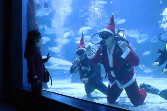Aksi Sinterklas dan Putri Duyung Sapa Anak-Anak dari Aquarium