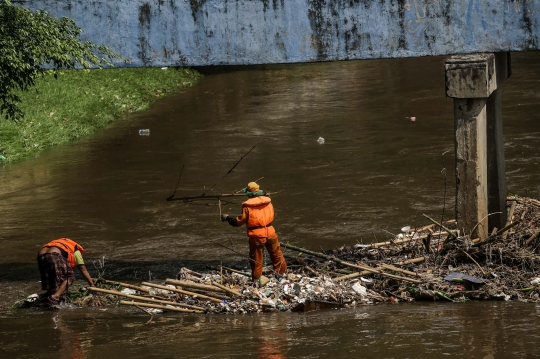 Perjuangan Petugas PPSU Bersihkan Sampah di Aliran Deras Kali Ciliwung