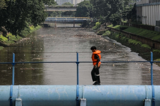 Perjuangan Petugas PPSU Bersihkan Sampah di Aliran Deras Kali Ciliwung