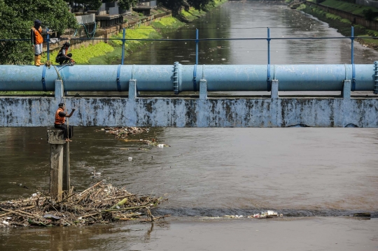 Perjuangan Petugas PPSU Bersihkan Sampah di Aliran Deras Kali Ciliwung