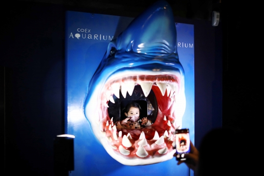 Aksi Sinterklas Hibur Pengunjung dari Dalam Aquarium Raksasa