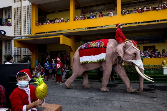 Aksi Gajah Berjubah Sinterklas Bagi-Bagi Kado Natal di Thailand