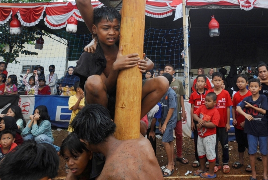 Ekspresi Anak-Anak Saat Berjuang Lomba Panjat Pinang