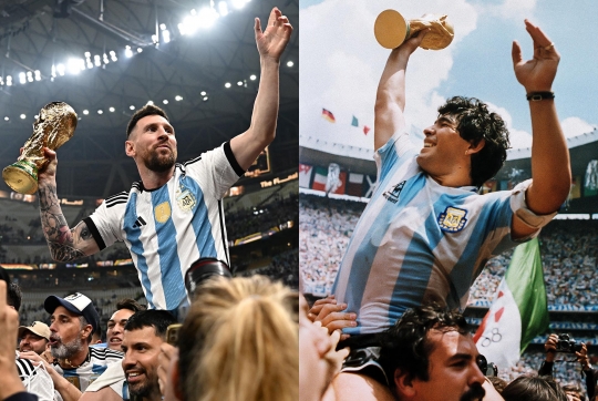 Foto-Foto Messi Angkat Trofi Piala Dunia Ini Mirip Pose Maradona 36 Tahun Lalu