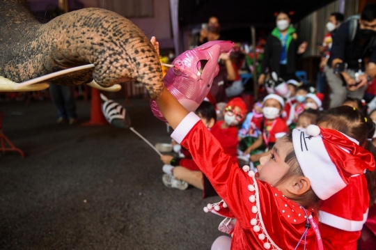Aksi Gajah Sinterklas Berbagi Keceriaan Natal dengan Anak-Anak Thailand