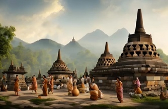 Penampakan Candi Borobudur, Alam & Masyarakat Tahun 830 Versi AI, Indah Bukan Main