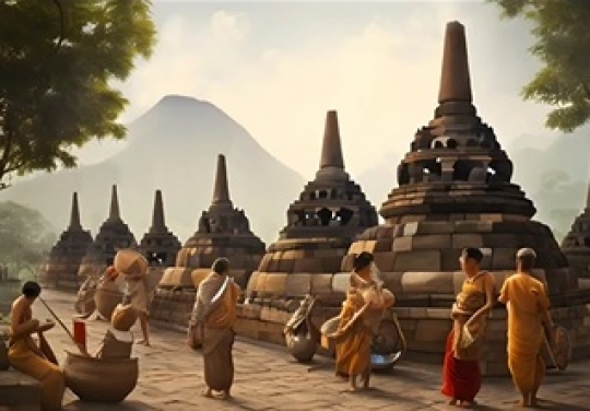 Penampakan Candi Borobudur, Alam & Masyarakat Tahun 830 Versi AI, Indah Bukan Main