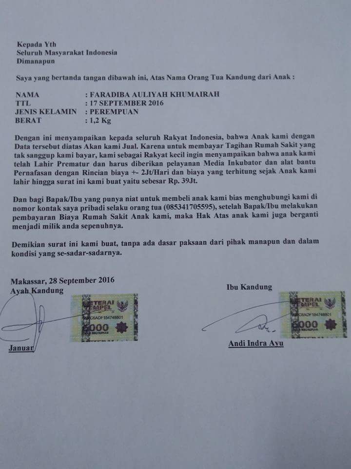 Makassar - Merdeka.com  Beredar surat orang tua jual anak 