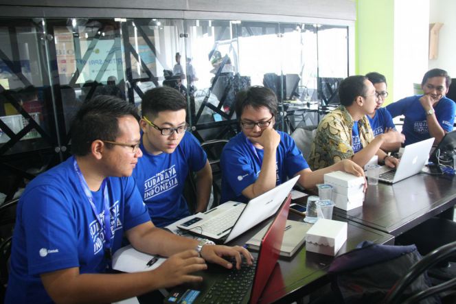 Para peserta tampak sibuk berdiskusi dan mempersiapkan sekaligus memantapkan materi presentasi mereka sebelum waktu pitching tiba.