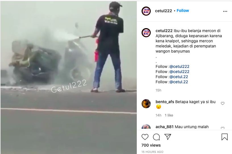 Petasan meledak di tengah jalan diduga lantaran terkena knalpot motor (Instagram/cetul222)