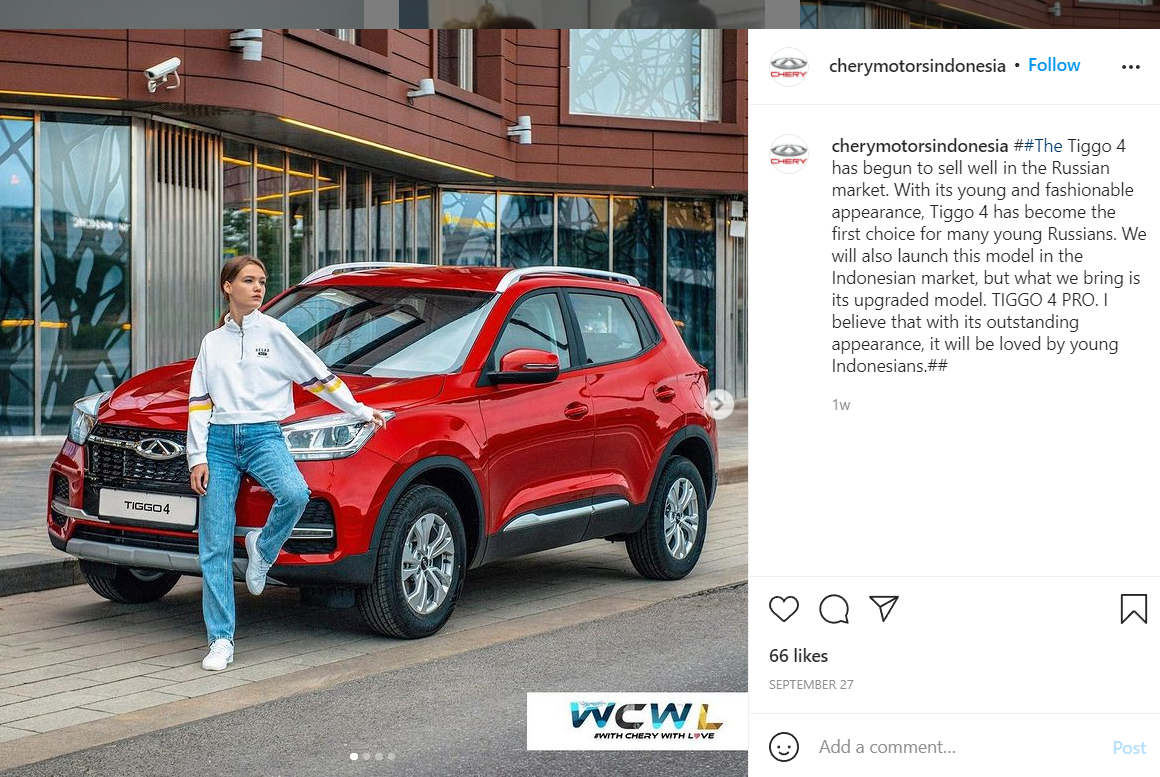 Postingan tentang Chery Tiggo 4 di Rusia (Instagram/@cherymotorsindonesia)